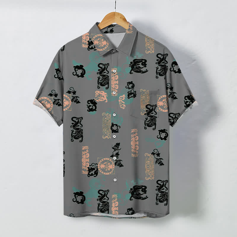 Buddha Stones Vintage Teal Letter Pattern Buttons Breathable Men's Short Sleeve Shirt - Gray - US/UK/AU48，EU58 (4XL) - image 7