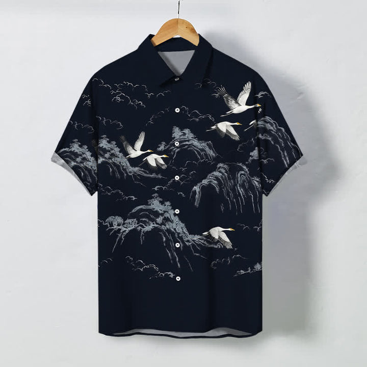 Buddha Stones Ink Crane Mountain Cloud Pattern Buttons Breathable Men's Short Sleeve Shirt - Navy - US/UK/AU48，EU58 (4XL) - image 0