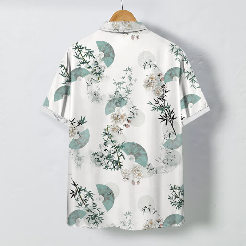 Buddha Stones Mint Fan Bamboo Blossom Pattern Buttons Breathable Men's Short Sleeve Shirt - image 1