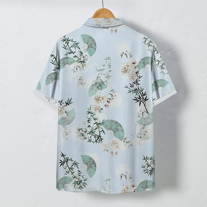 Buddha Stones Mint Fan Bamboo Blossom Pattern Buttons Breathable Men's Short Sleeve Shirt - image 6