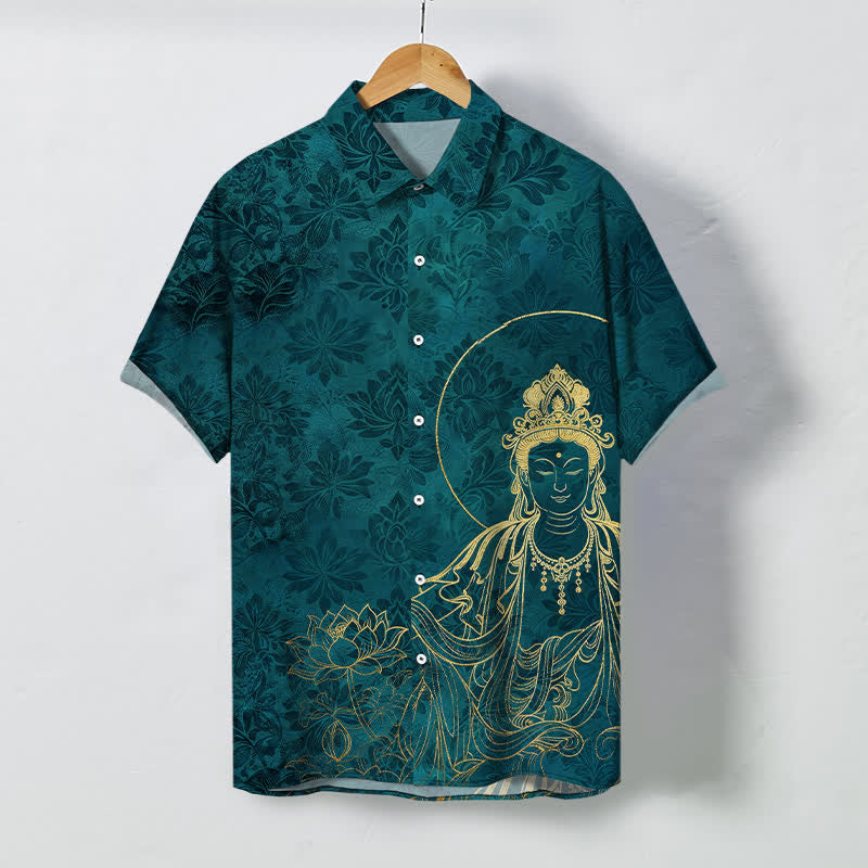 Buddha Stones Vintage Botanical Lotus Figure Pattern Buttons Wrinkle-resistant Men's Short Sleeve Shirt - Teal - US/UK/AU48，EU58 (4XL) - image 5