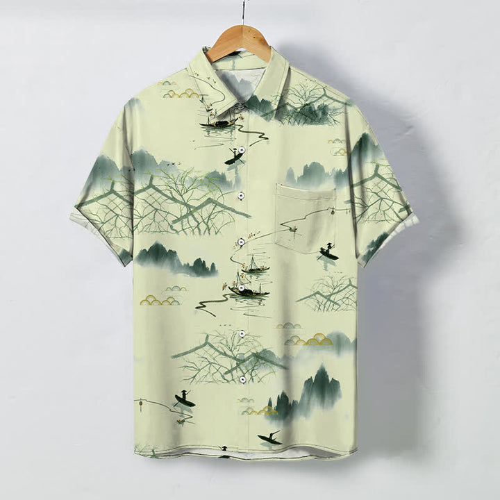 Buddha Stones Ink Landscape Mountain Boat Pattern Buttons Breathable Men's Short Sleeve Shirt - Beige - US/UK/AU48，EU58 (4XL) - image 5