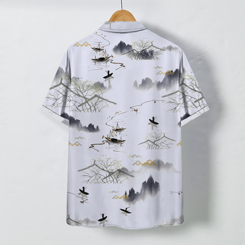 Buddha Stones Ink Landscape Mountain Boat Pattern Buttons Breathable Men's Short Sleeve Shirt - image 8