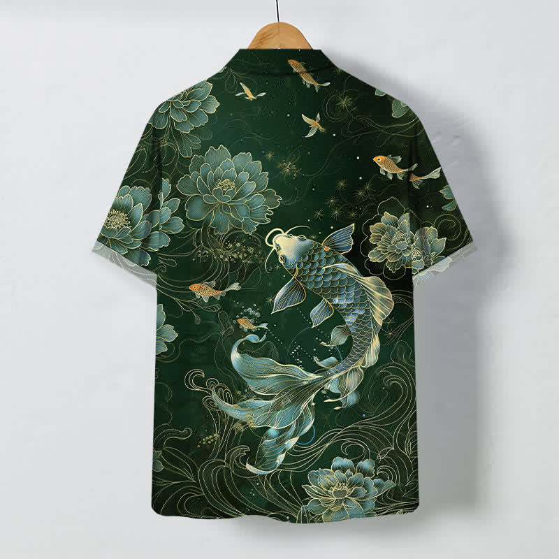 Buddha Stones Blue Koi Lotus Pattern Buttons Breathable Men's Short Sleeve Shirt - image 6