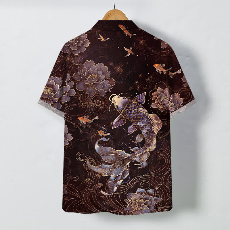 Buddha Stones Blue Koi Lotus Pattern Buttons Breathable Men's Short Sleeve Shirt - image 8