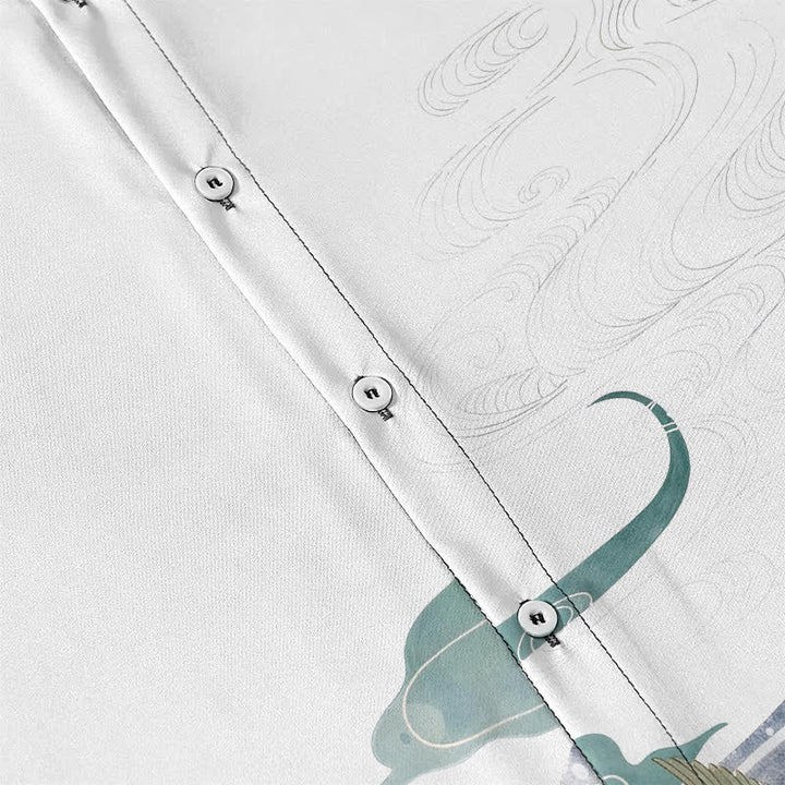 Buddha Stones Crane Wave Cloud Pattern Buttons Breathable Men's Short Sleeve Shirt - image 3