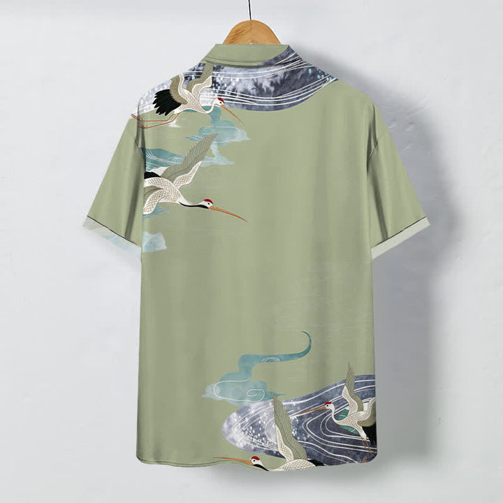 Buddha Stones Crane Wave Cloud Pattern Buttons Breathable Men's Short Sleeve Shirt - image 6