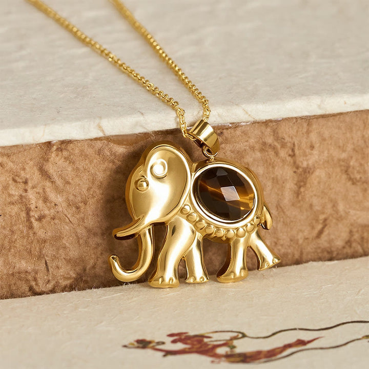 Buddha Stones Gold Plated Tiger Eye Elephant Protection Necklace - image 2