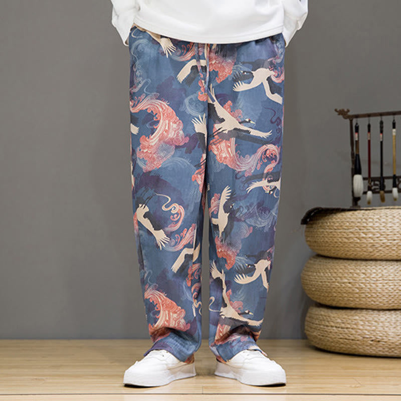 Buddha Stones Spring Summer Casual Drawstring Crane Print Ankle Pants Men's Harem Pants With Pockets - image 2