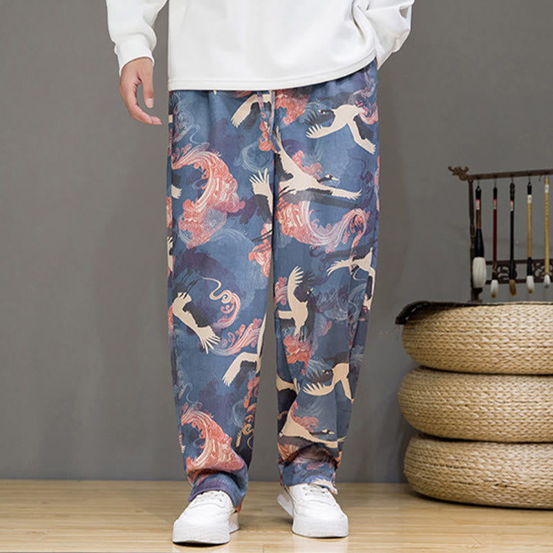 Buddha Stones Spring Summer Casual Drawstring Crane Print Ankle Pants Men's Harem Pants With Pockets - image 7