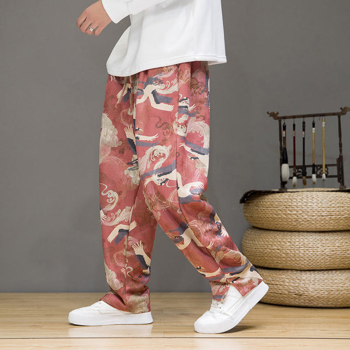 Buddha Stones Spring Summer Casual Drawstring Crane Print Ankle Pants Men's Harem Pants With Pockets - image 14