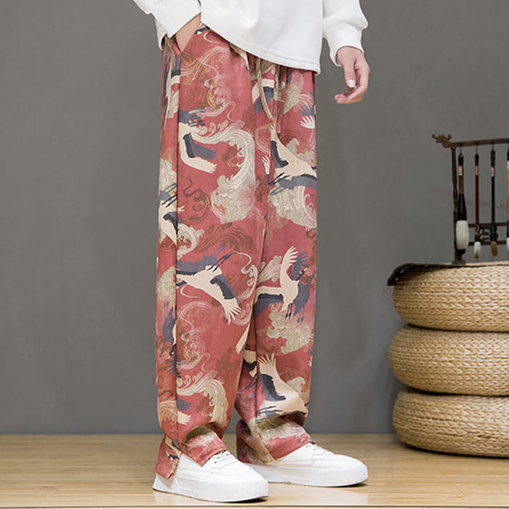 Buddha Stones Spring Summer Casual Drawstring Crane Print Ankle Pants Men's Harem Pants With Pockets - image 12