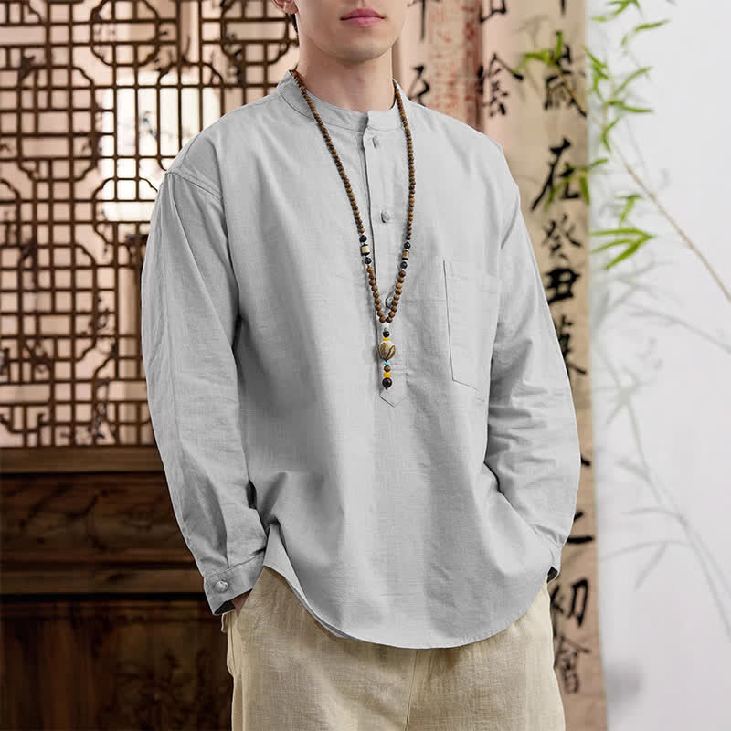 Buddha Stones Spring Tang Style Minimalist Mandarin Collar Solid Linen Cotton Men's Long Sleeve Shirts With Patch Pocket - image 15