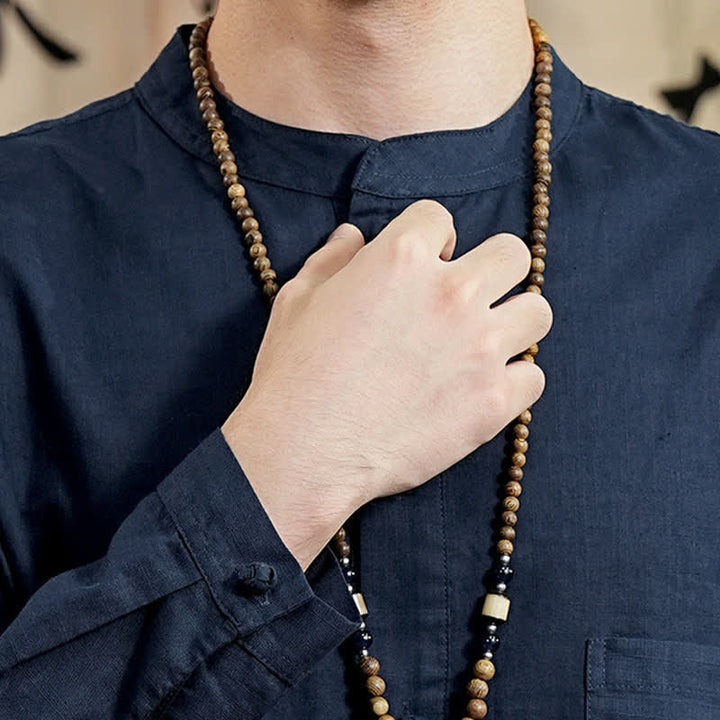 Buddha Stones Spring Tang Style Minimalist Mandarin Collar Solid Linen Cotton Men's Long Sleeve Shirts With Patch Pocket - image 5