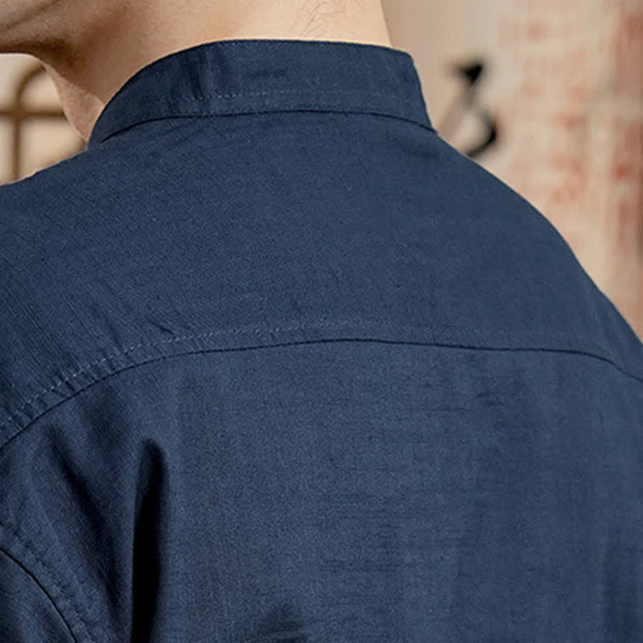 Buddha Stones Spring Tang Style Minimalist Mandarin Collar Solid Linen Cotton Men's Long Sleeve Shirts With Patch Pocket - image 6