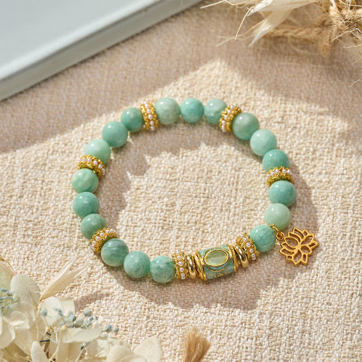 Buddha Stones Amazonite Enamel Barrel Bead Lotus Pendant Love Hand Polished Round Bead Bracelet - Amazonite(Wrist Circumference:15–16 cm) - image 0