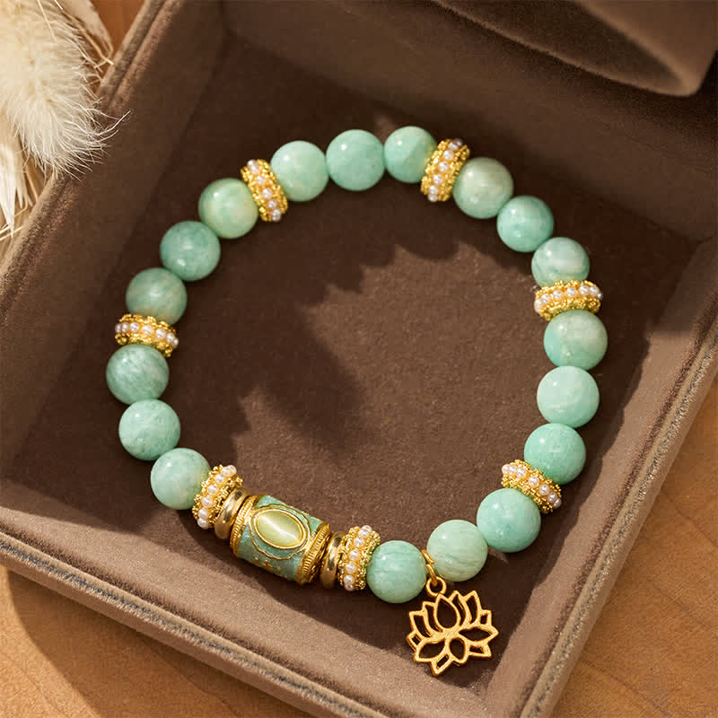 Buddha StonesAmazonite Enamel Barrel Bead Lotus Pendant Love Hand Polished Round Bead Bracelet - image 1