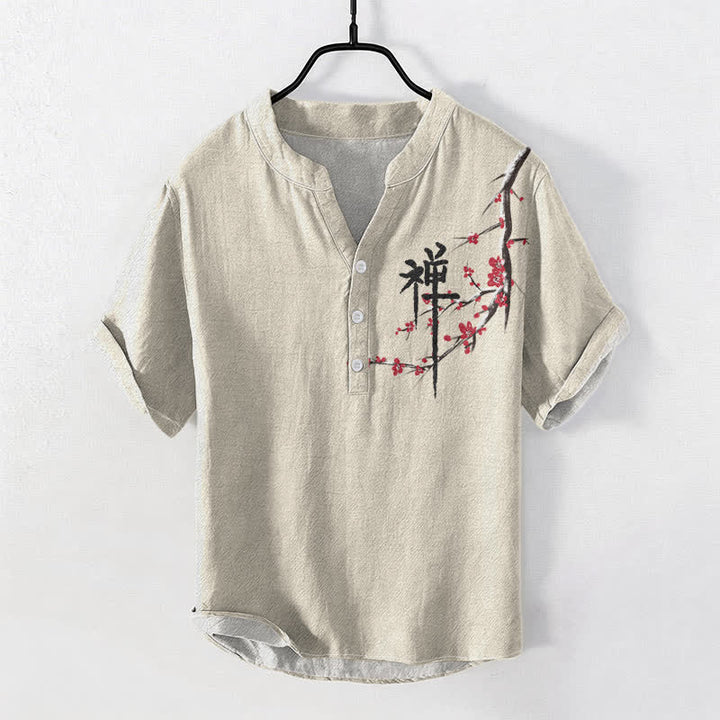 Buddha Stones Cotton Cherry Blossom Calligraphy Zen Pattern Men's Short Sleeve Half Button Shirt - Beige - US/UK/AU50，EU60 (5XL) - image 0