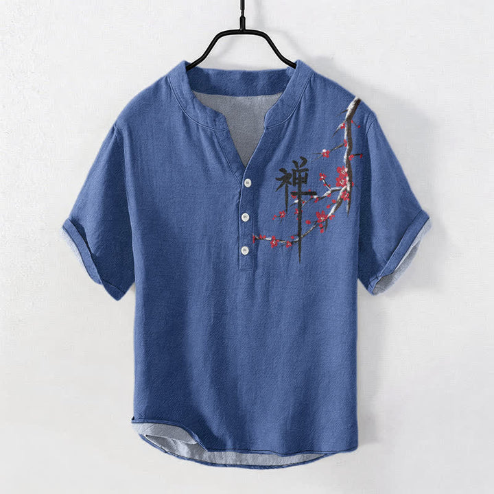 Buddha Stones Cotton Cherry Blossom Calligraphy Zen Pattern Men's Short Sleeve Half Button Shirt - SteelBlue - US/UK/AU50，EU60 (5XL) - image 3