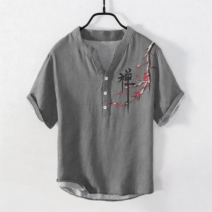 Buddha Stones Cotton Cherry Blossom Calligraphy Zen Pattern Men's Short Sleeve Half Button Shirt - Gray - US/UK/AU50，EU60 (5XL) - image 5