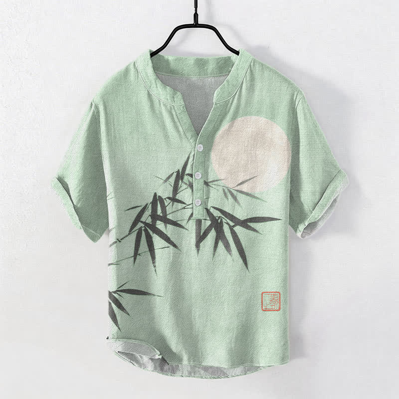 Buddha Stones Cotton Bamboo Leaf Ink Moon Pattern Men's Short Sleeve Half Button Shirt - PaleGreen - US/UK/AU50，EU60 (5XL) - image 3