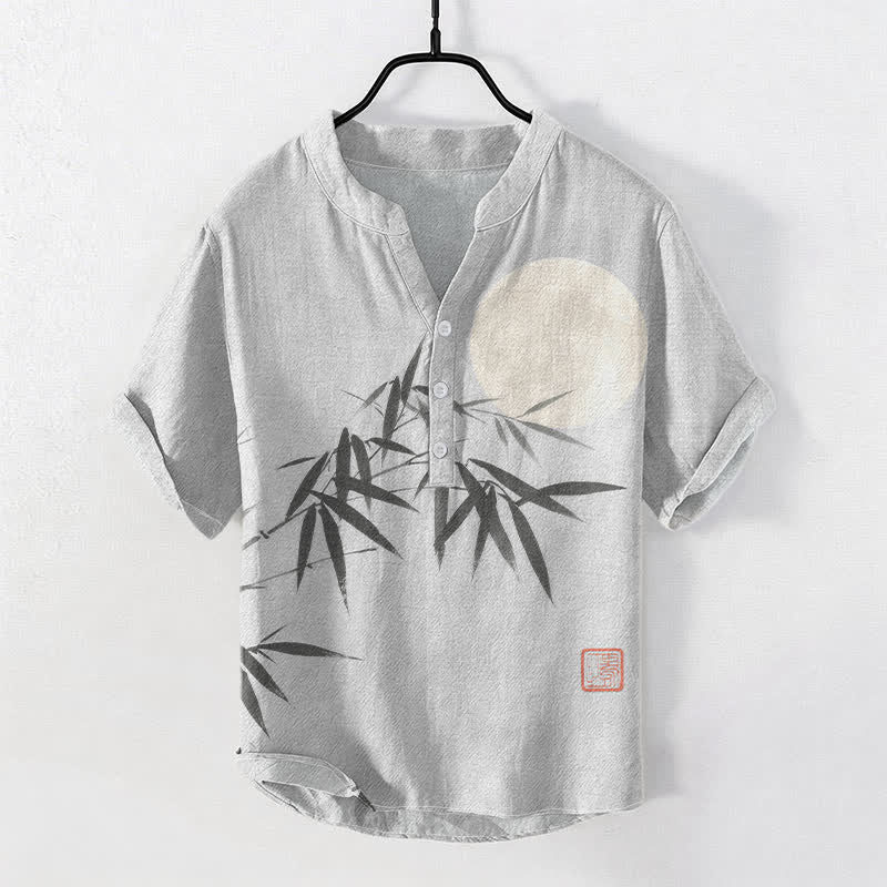 Buddha Stones Cotton Bamboo Leaf Ink Moon Pattern Men's Short Sleeve Half Button Shirt - LightGray - US/UK/AU50，EU60 (5XL) - image 5