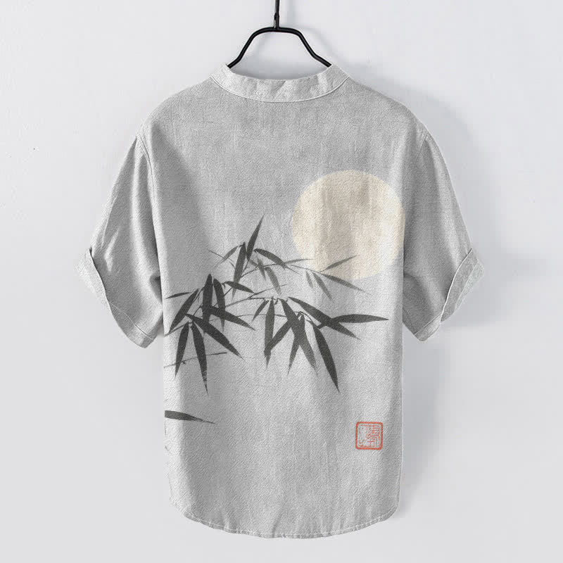 Buddha Stones Cotton Bamboo Leaf Ink Moon Pattern Men's Short Sleeve Half Button Shirt - image 6