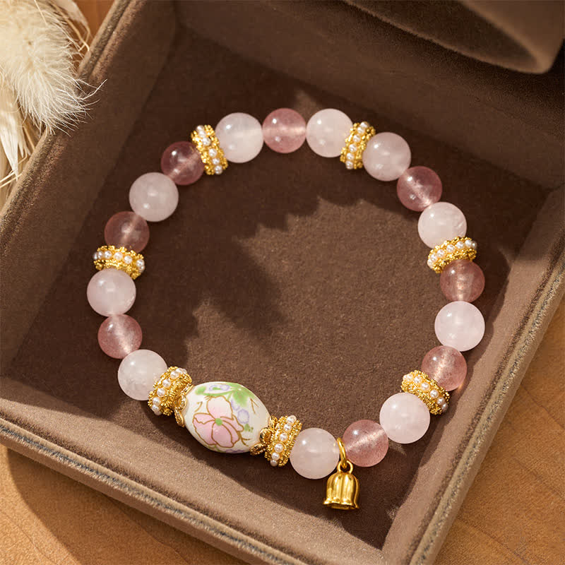 Buddha Stones Natural Strawberry Quartz Rose Quartz Ceramic Barrel Bead Lotus Pendant Clarity Round Bead Bracelet - image 1
