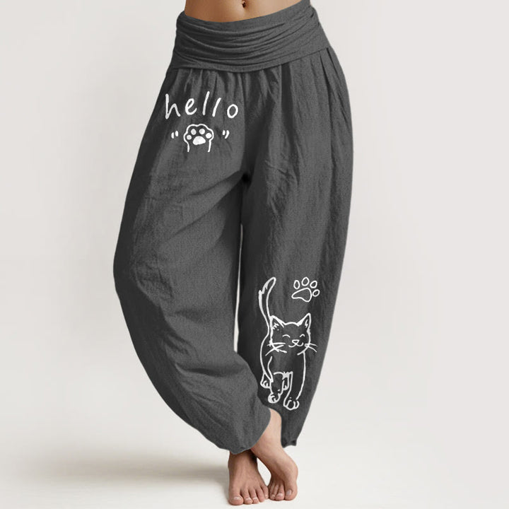 Buddha Stones Pure Cotton Hello Cat Paw Pattern Women's Elastic Waist Harem Pants - DimGray - US16，UK/AU20，EU48 (3XL) - image 8