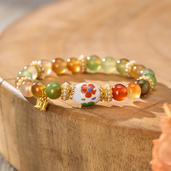 Buddha Stones Natural Peacock Agate Ceramic Barrel Bead Lotus Pendant Confidence Round Bead Bracele - Peacock Agate (Wrist Circumference: 15–16 cm) - image 0