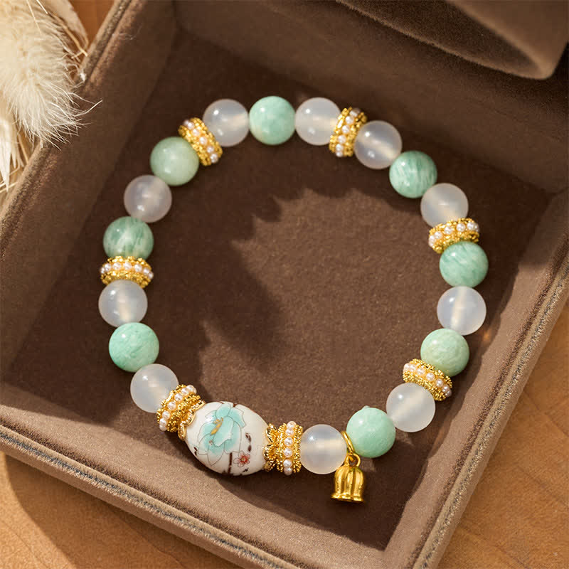 Buddha Stones White Agate Amazonite Ceramic Barrel Bead Flower Pendant Purity Round Bead Bracelet - image 1