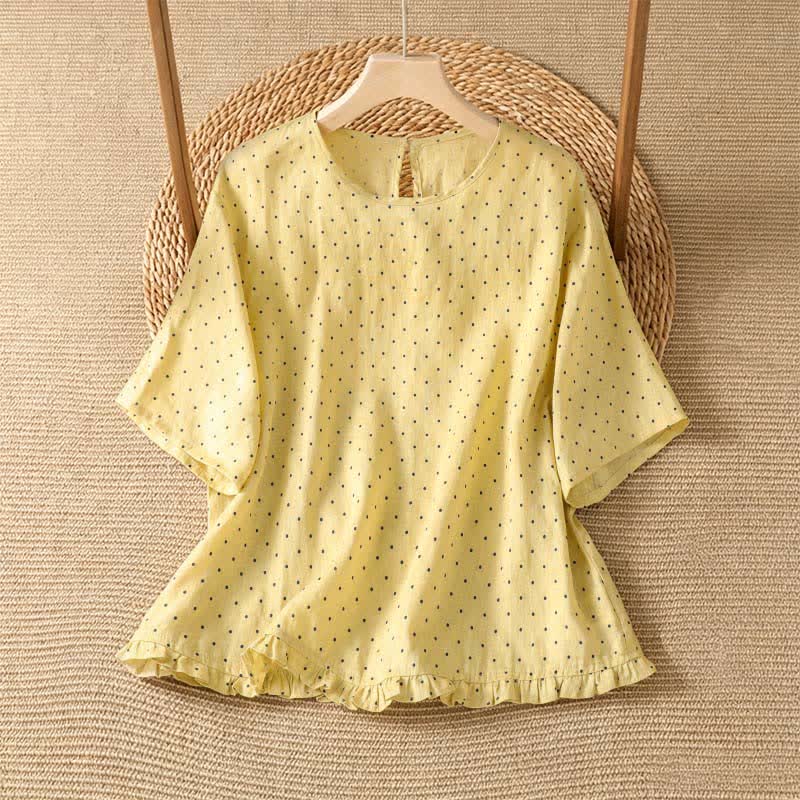 Buddha Stones Summer Casual Polka Dot Ruffled Hem Women's Short Sleeve T-Shirts - LightYellow - US8-10, UK/AU12-14, EU40-42 (2XL) - image 0
