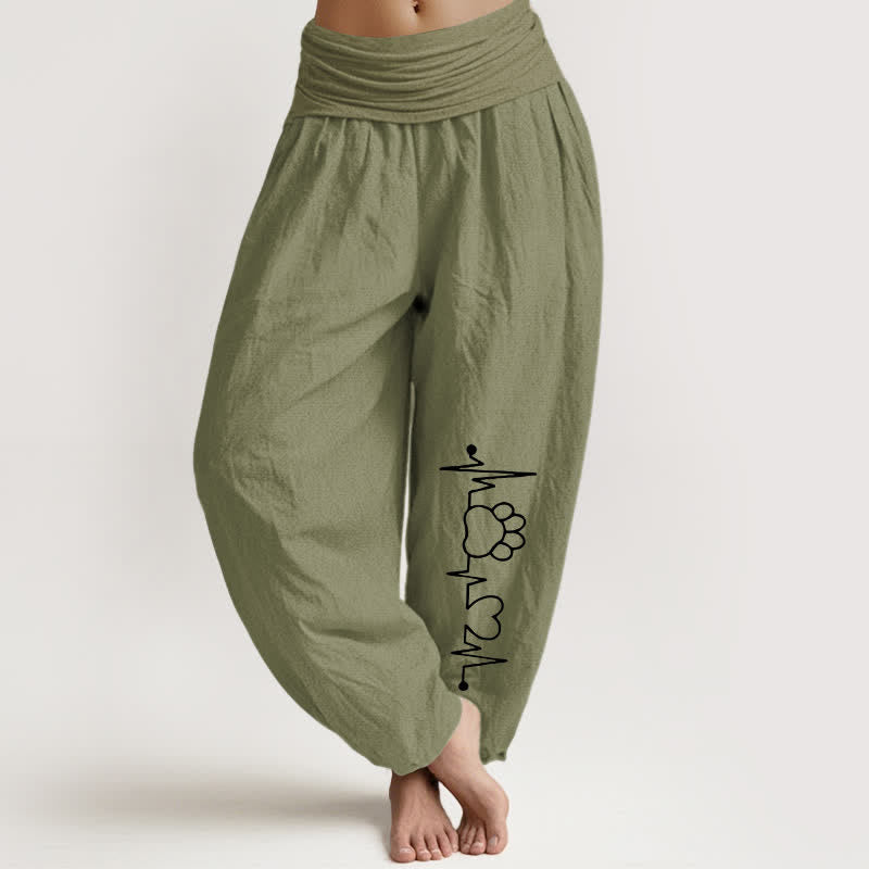 Buddha Stones Pure Cotton Heartbeat Paw Print Pattern Women's Elastic Waist Harem Pants - OliveDrab - US16，UK/AU20，EU48 (3XL) - image 14