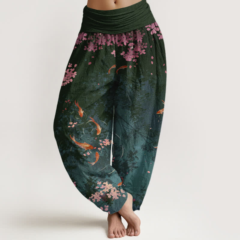 Buddha Stones Pure Cotton Koi Fish Sakura Pattern Women's Elastic Waist Pants With Pockets - DarkSlateGray - US16，UK/AU20，EU48 (3XL) - image 5
