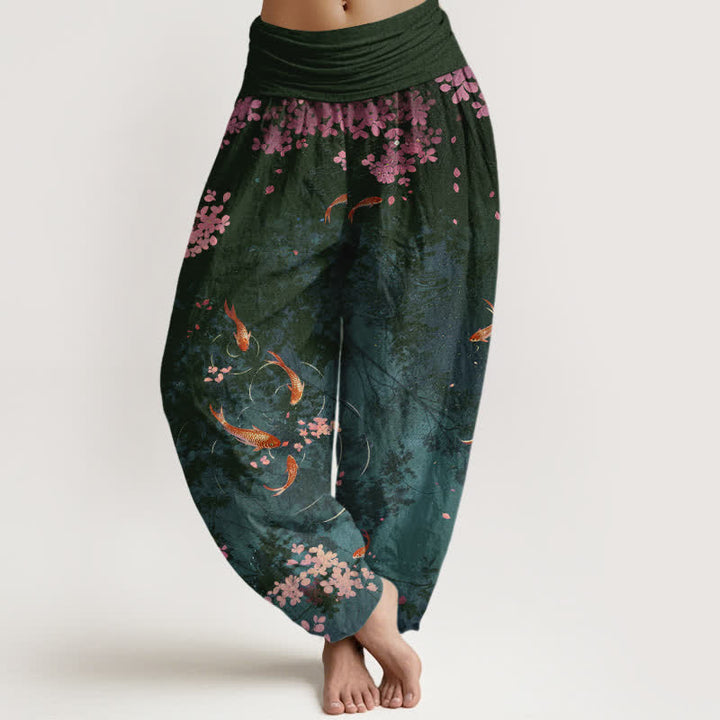 Buddha Stones Pure Cotton Koi Fish Sakura Pattern Women's Elastic Waist Pants With Pockets - DarkSlateGray - US16，UK/AU20，EU48 (3XL) - image 5