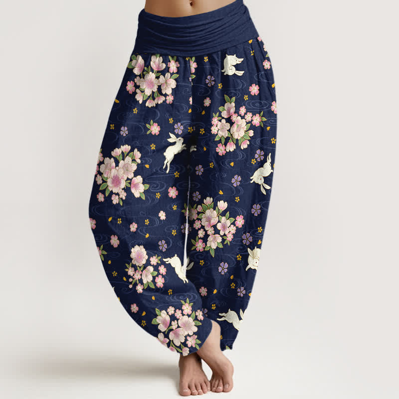 Buddha Stones Pure Cotton Floral Rabbit Pattern Women's Elastic Waist Harem Pants - MidnightBlue - US16，UK/AU20，EU48 (3XL) - image 0