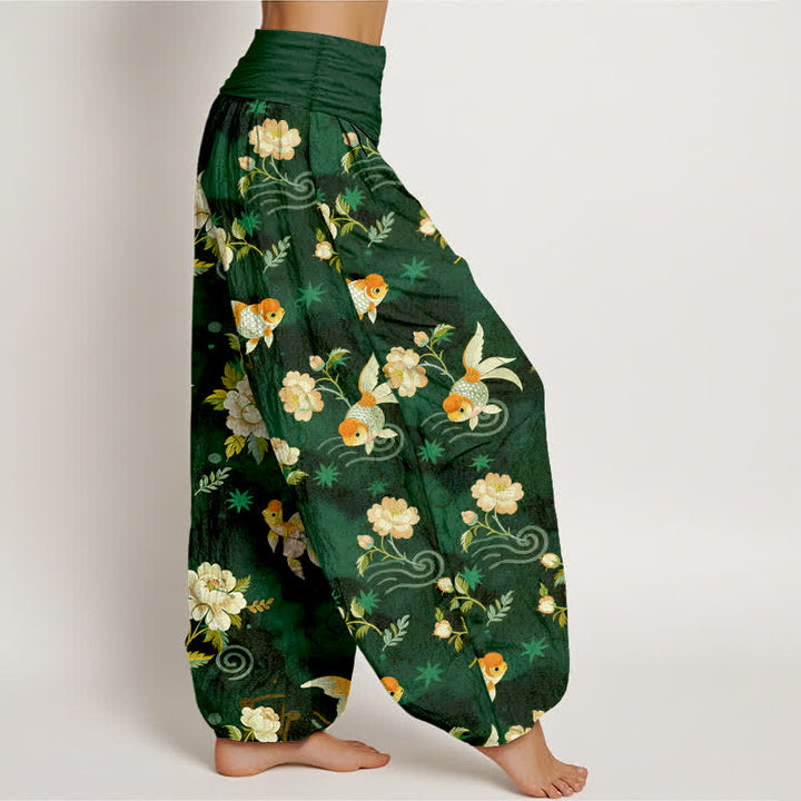 Buddha Stones Pure Cotton Koi Fish Floral Pattern Women's Elastic Waist Harem Pants - image 6
