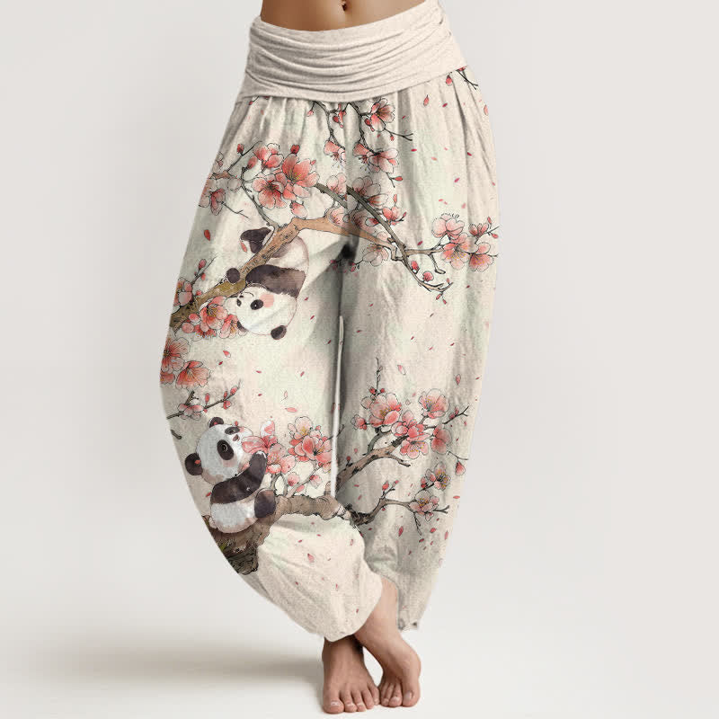 Buddha Stones Pure Cotton Panda Cherry Blossom Pattern Women's Elastic Waist Harem Pants - Linen - US16，UK/AU20，EU48 (3XL) - image 0