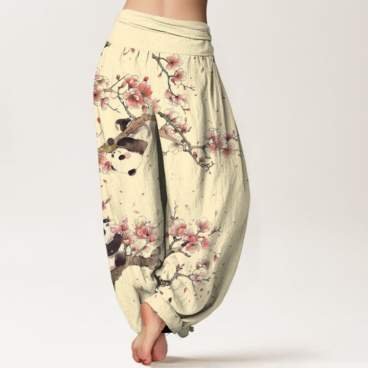 Buddha Stones Pure Cotton Panda Cherry Blossom Pattern Women's Elastic Waist Harem Pants - image 10