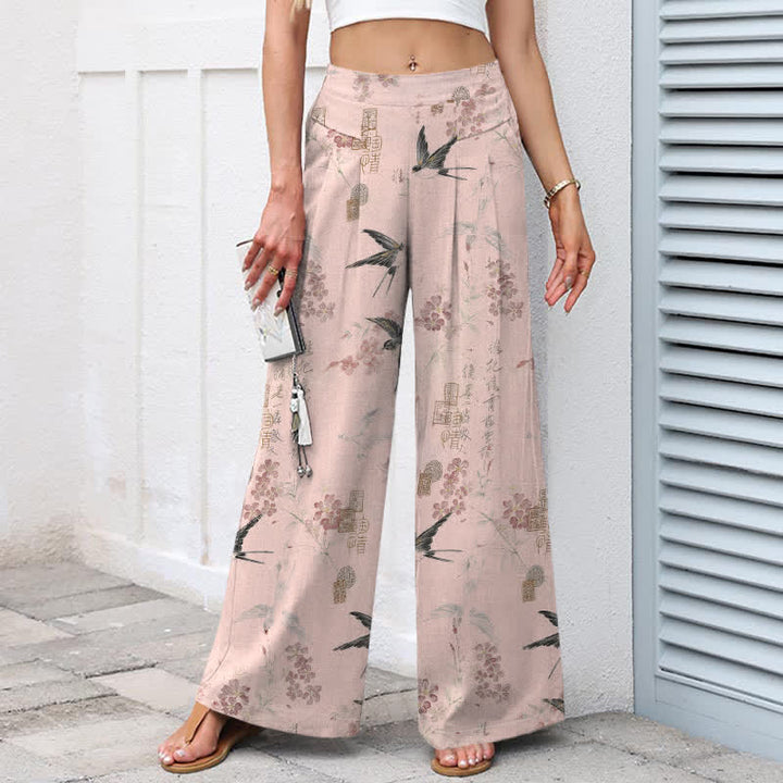 Buddha Stones Cotton Linen Floral Bird Pattern Women's Elastic Waist Wide Leg Pants With Pockets - image 6