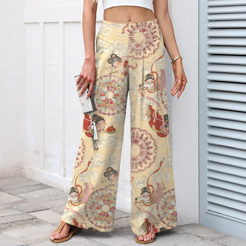 Buddha Stones Cotton Linen Fairy Floral Pattern Women's Elastic Waist Wide Leg Pants With Pockets - image 6