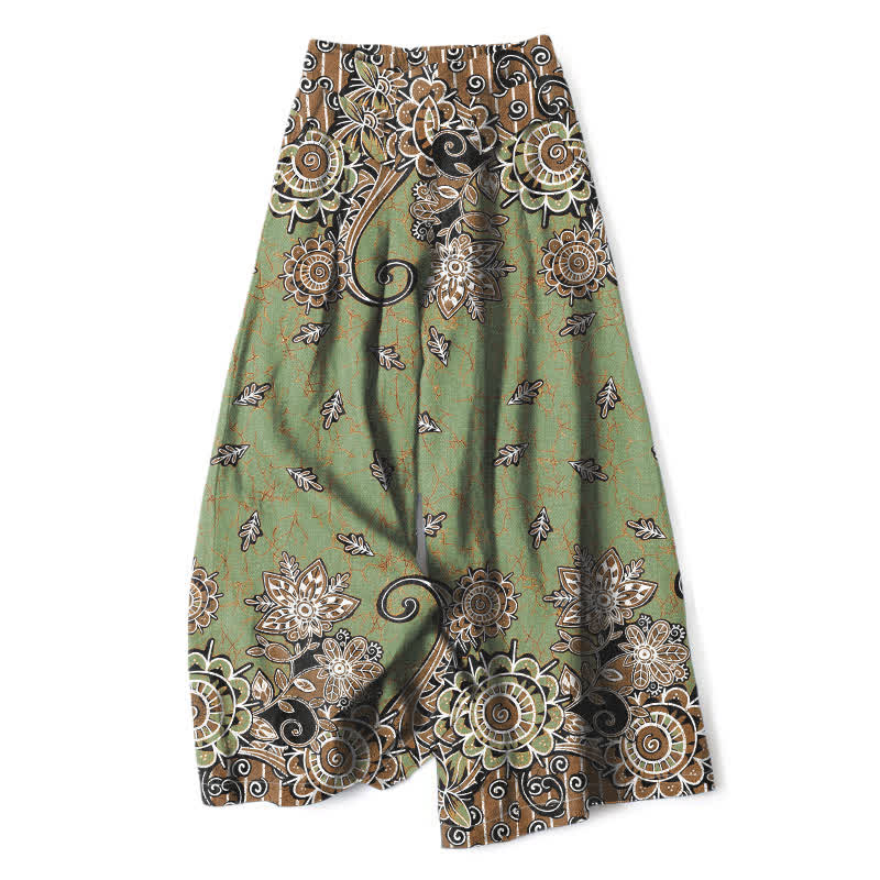 Buddha Stones Cotton Linen Bohemian Mandala Pattern Women's Elastic Waist Wide Leg Pants With Pockets - OliveDrab - US16，UK/AU20，EU48 (3XL) - image 0
