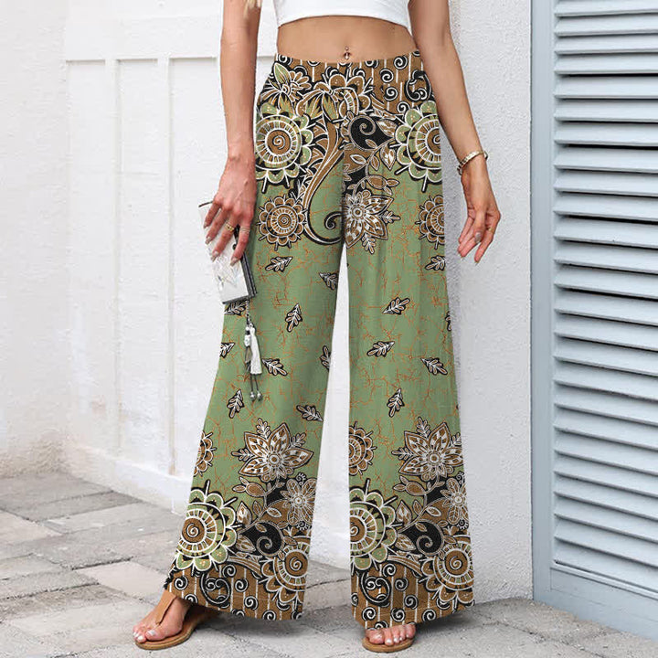 Buddha Stones Cotton Linen Bohemian Mandala Pattern Women's Elastic Waist Wide Leg Pants With Pockets - image 1