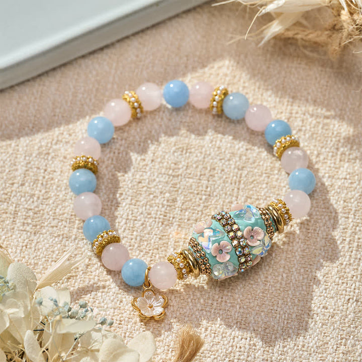 Buddha Stones Rose Quartz Blue Chalcedony Copper Barrel Bead Flower Pendant Love Round Bead Bracelet - image 1