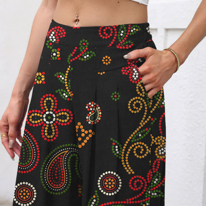 Buddha Stones Cotton Linen Floral Folk-inspired Pattern Women's Elastic Waist Wide Leg Pants With Pockets - image 2
