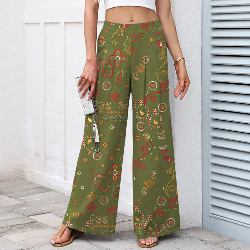 Buddha Stones Cotton Linen Floral Folk-inspired Pattern Women's Elastic Waist Wide Leg Pants With Pockets - image 6