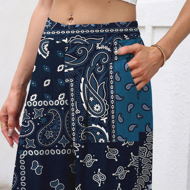 Buddha Stones Cotton Linen Vintage Paisley Patchwork Pattern Women's Elastic Waist Wide Leg Pants With Pockets - image 2