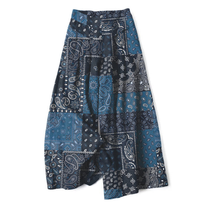 Buddha Stones Cotton Linen Vintage Paisley Patchwork Pattern Women's Elastic Waist Wide Leg Pants With Pockets - Navy - US16，UK/AU20，EU48 (3XL) - image 0