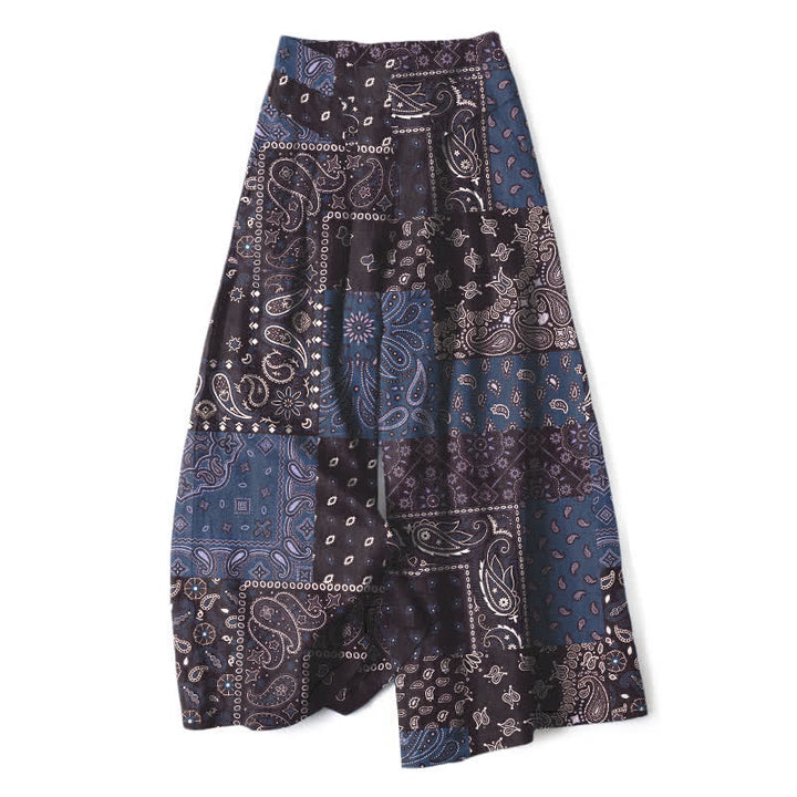 Buddha Stones Cotton Linen Vintage Paisley Patchwork Pattern Women's Elastic Waist Wide Leg Pants With Pockets - SteelBlue - US16，UK/AU20，EU48 (3XL) - image 7