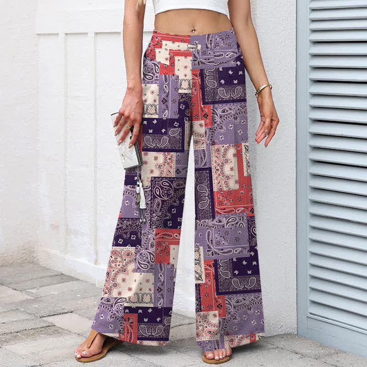 Buddha Stones Cotton Linen Patchwork Paisley Pattern Women's Elastic Waist Wide Leg Pants With Pockets - image 6